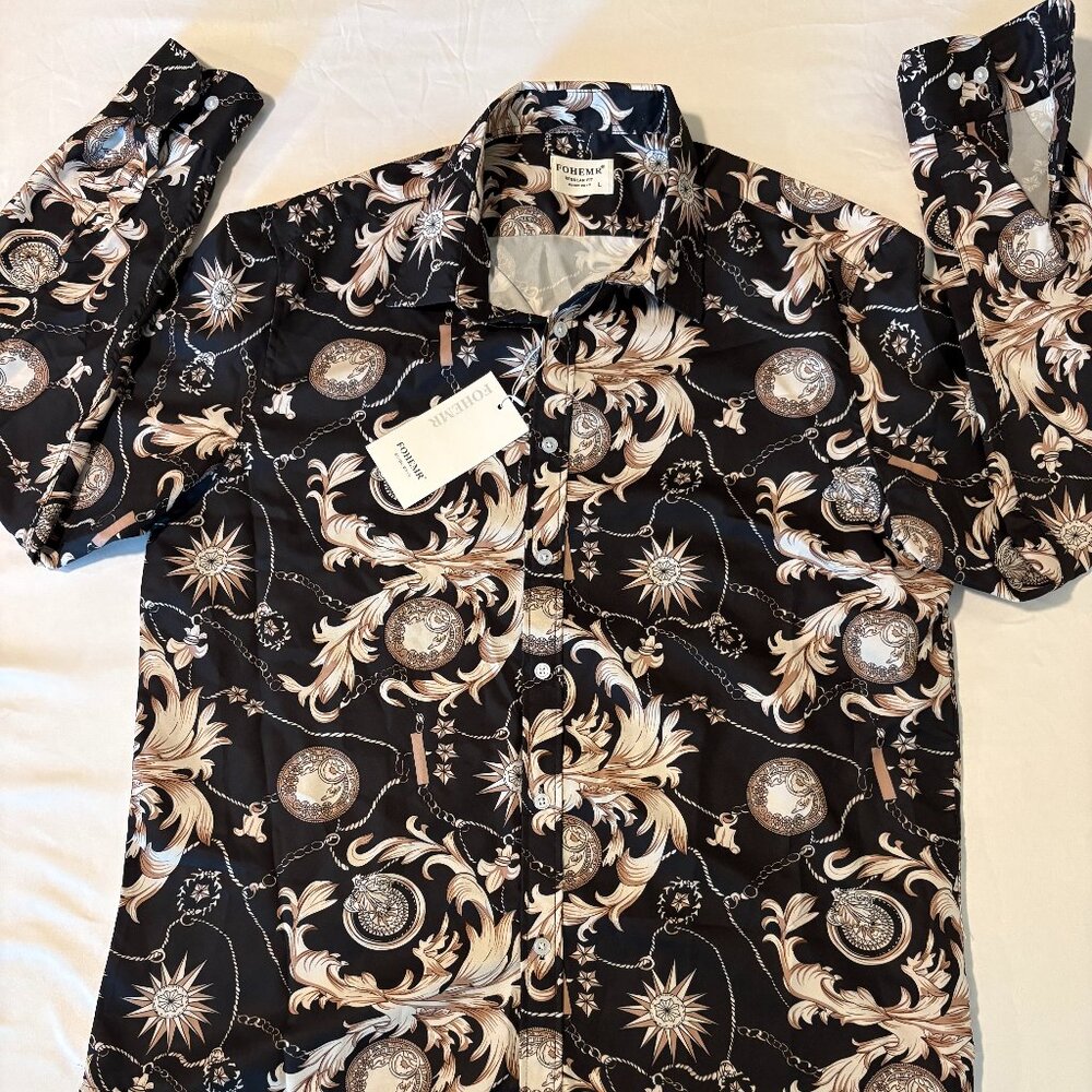 FOHEMR Mens Shirt L Baroque Chain Print Black Gold Long Sleeve Dressy Top